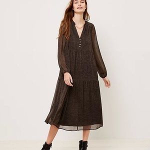 Loft - Tiered Dot Black/Gold Long Sleeve Midi Dress (M)